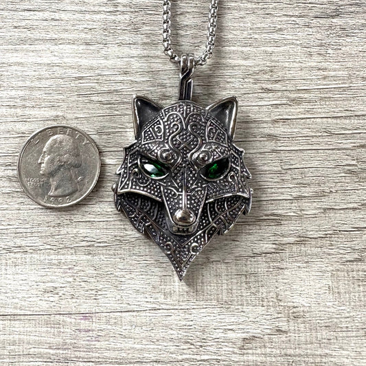 Celtic Wolf w/ Green Eyes Stainless Steel Necklace