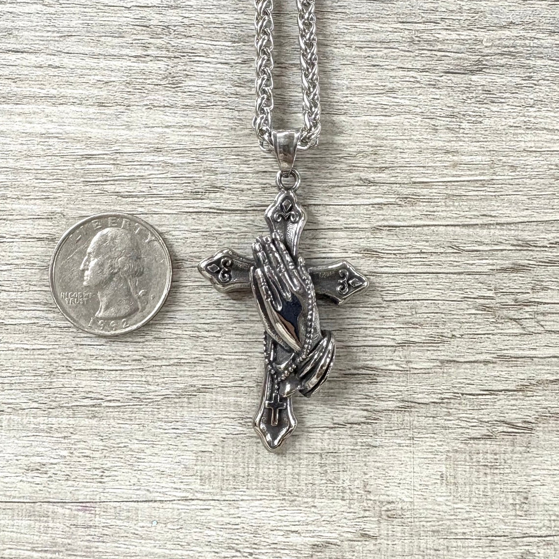 Praying Hands Cross Stainless Steel Necklace