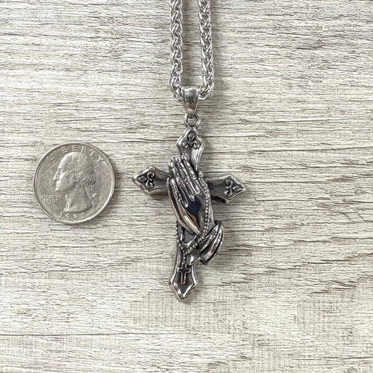 Praying Hands Cross Stainless Steel Necklace