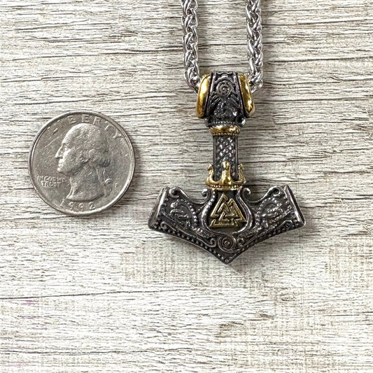 Gold Detail Thor's Hammer Stainless Steel Necklace