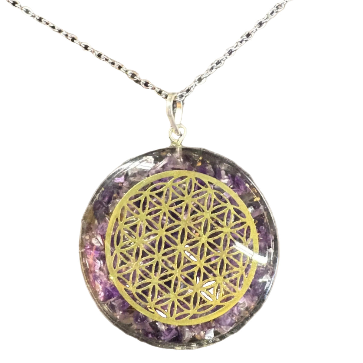 Amethyst and Flower of Life Orgonite Necklace