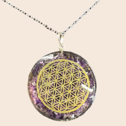 Amethyst and Flower of Life Orgonite Necklace