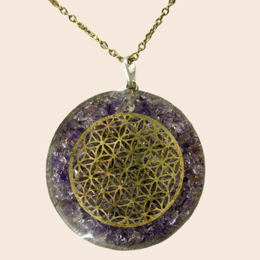 Amethyst and Flower of Life Orgonite Necklace