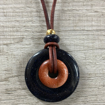 Blue and Red Goldstone Layered Donut Necklace