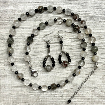 Garden Quartz (Lodolite) and Onyx Earrings