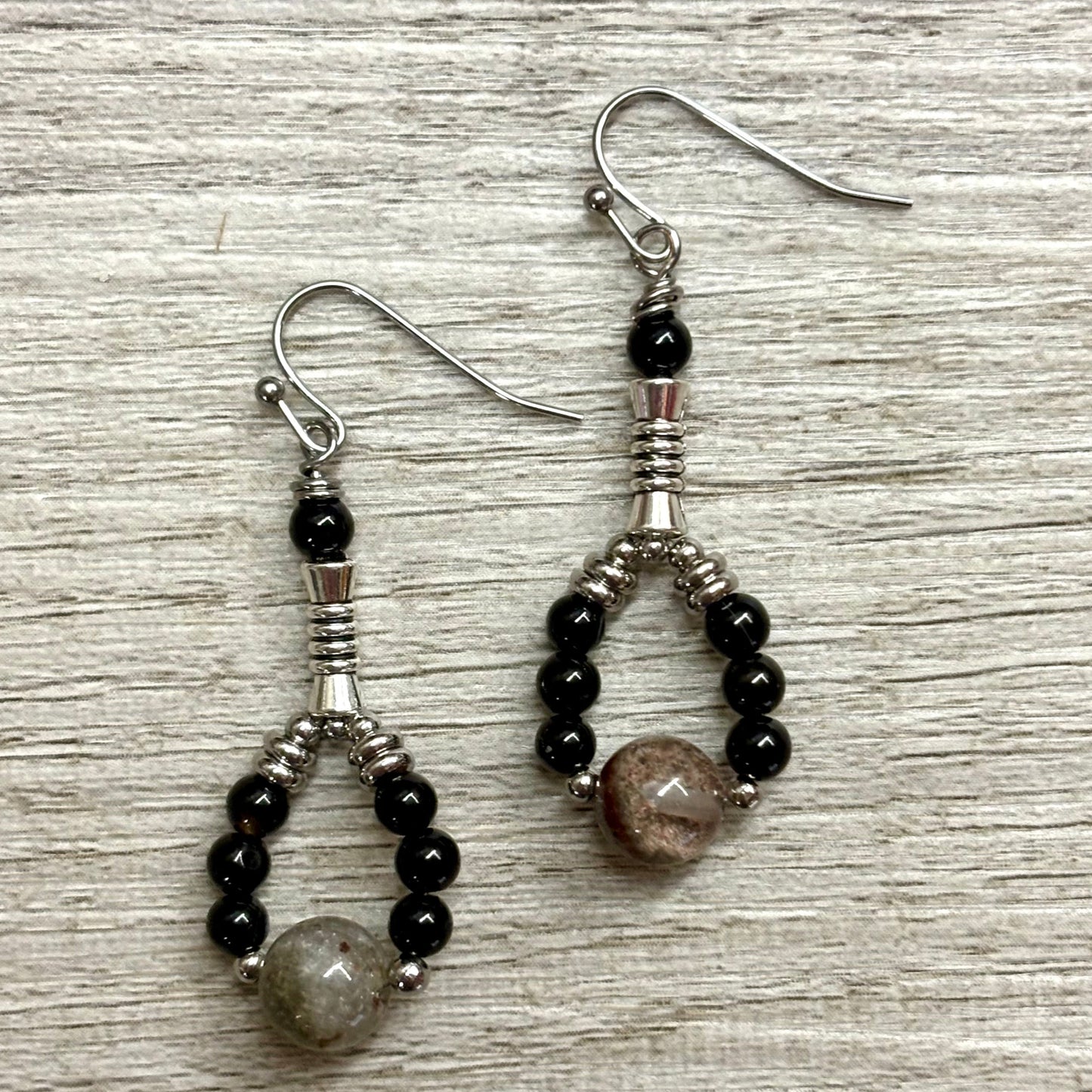 Garden Quartz (Lodolite) and Onyx Earrings