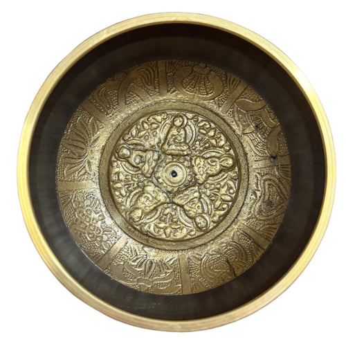 Black Painted Brass Singing Bowl with 5 Buddhas