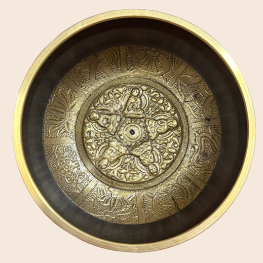 Black Painted Brass Singing Bowl with 5 Buddhas