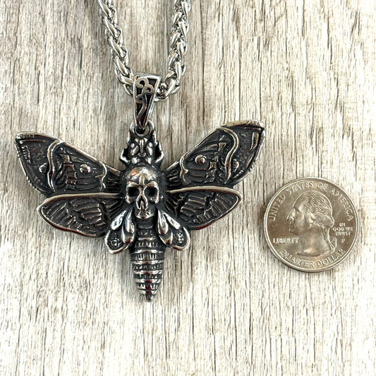 Death's Head Hawk Moth with Open Wings Stainless Steel Necklace