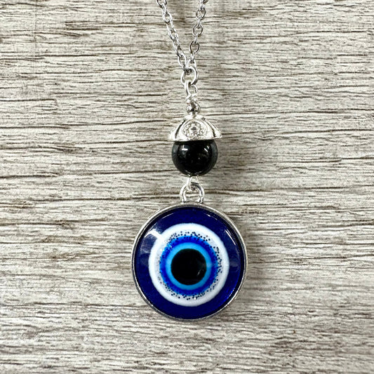 Evil Eye Pendant with Black Obsidian Bead