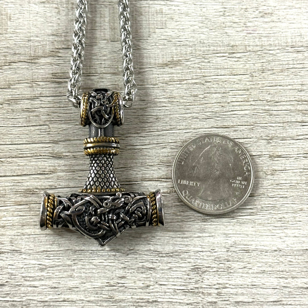 Thor's Hammer w/Gold Stainless Steel Necklace