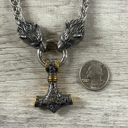Thor's Hammer w/Gold and Wolves Chunky Stainless Steel Necklace