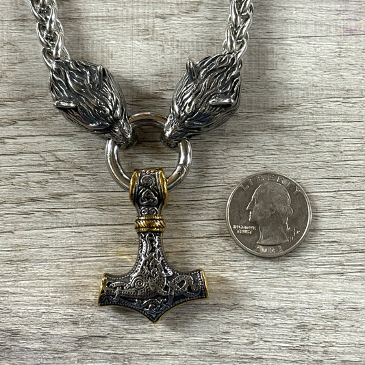 Thor's Hammer w/Gold and Wolves Chunky Stainless Steel Necklace