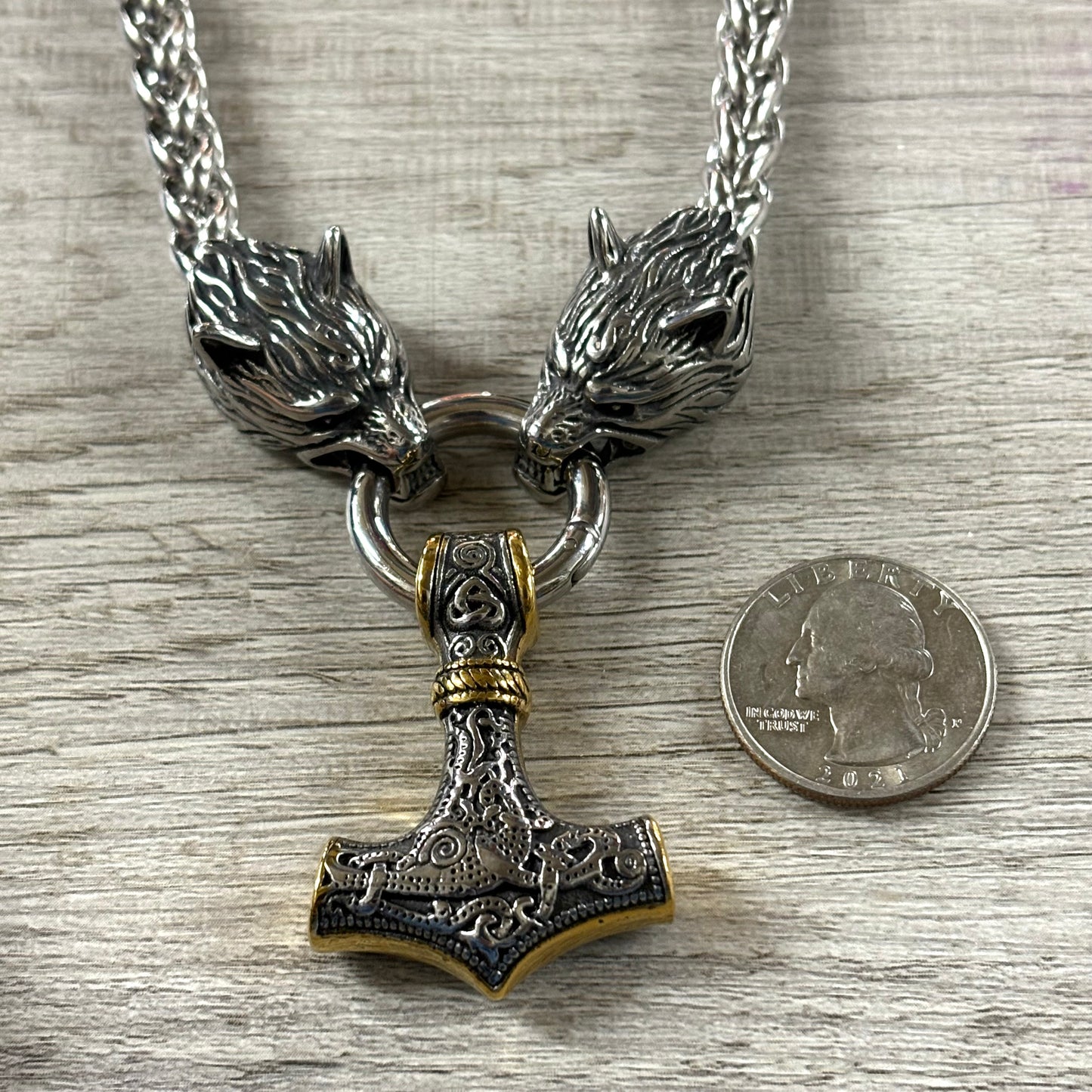 Thor's Hammer w/Gold and Wolves Chunky Stainless Steel Necklace