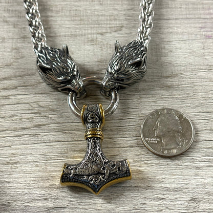 Thor's Hammer w/Gold and Wolves Chunky Stainless Steel Necklace
