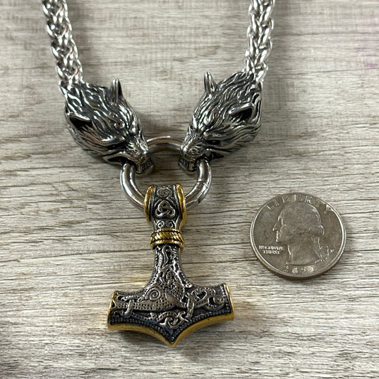 Thor's Hammer w/Gold and Wolves Chunky Stainless Steel Necklace