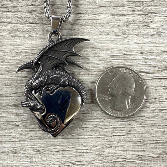 Dragon on Heart Stainless Steel Necklace