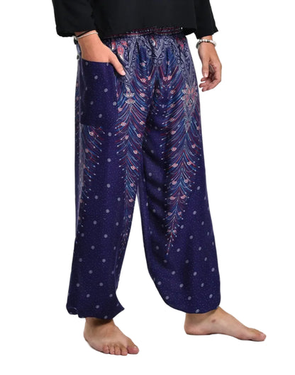 Blue Peacock Feather Harem Pants
