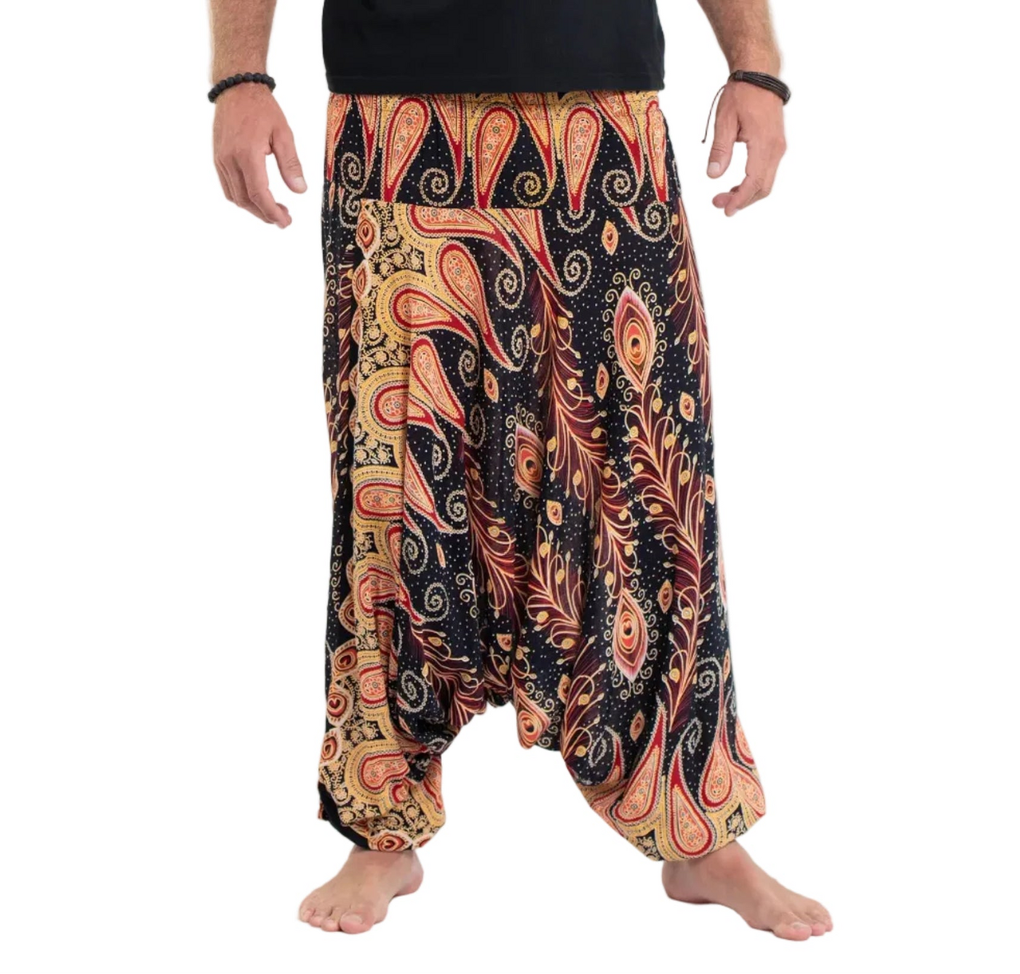Black Peacock Paisley Low Crotch Harem Pants