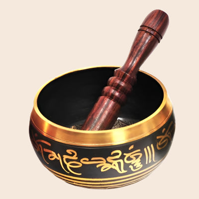 Black Painted Brass Singing Bowl with 5 Buddhas