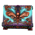 A hand-painted decorative box featuring a death moth design with predominantly purple and turquoise colors.