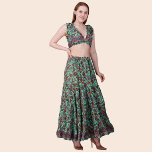 Floral Silk Crop Top and Matching Skirt Set