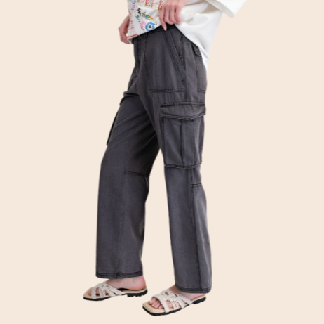 Wide Leg Washed Denim Cargo Pants