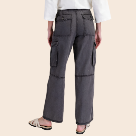 Wide Leg Washed Denim Cargo Pants