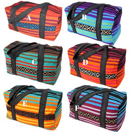 Six colorful striped bags with black straps on a beige background