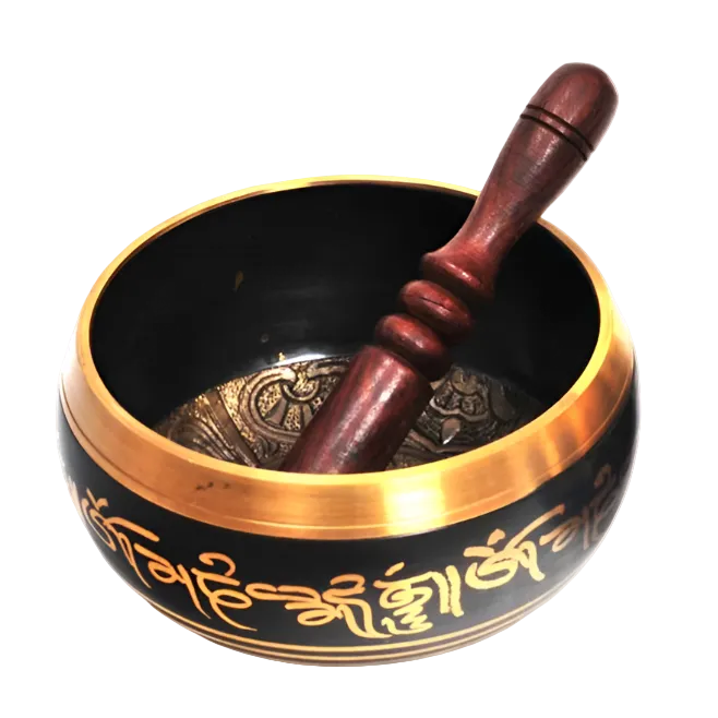 Large Black Painted Brass Singing Bowl with 5 Buddhas