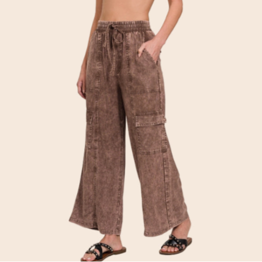 Washed Linen Elastic Waist Cargo Pants