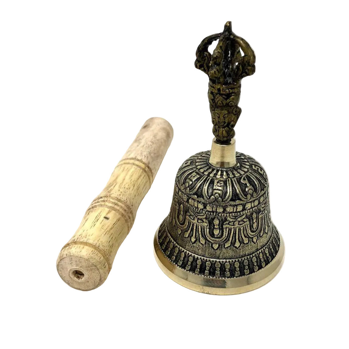 Decorative bell with wooden handle on a white background