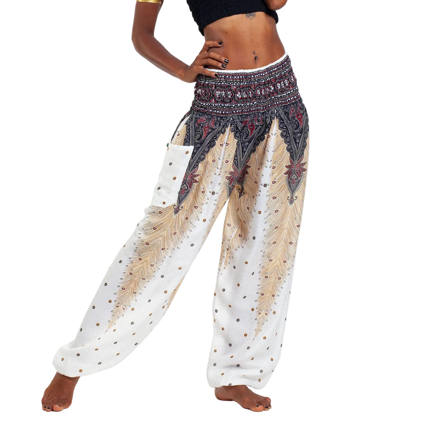 White Peacock Feather Harem Pants
