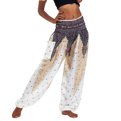 White Peacock Feather Harem Pants