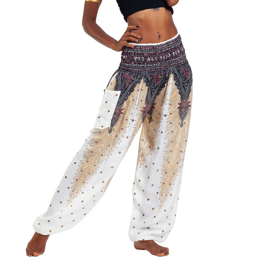 White Peacock Feather Harem Pants