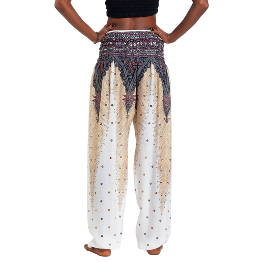 White Peacock Feather Harem Pants