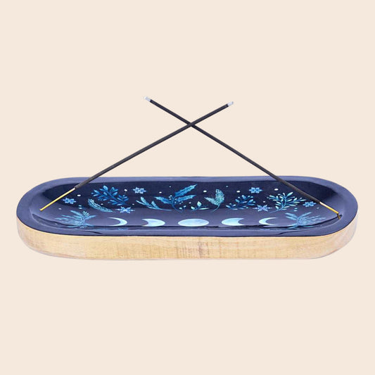 Moon Phase Wood Boat Incense Burner