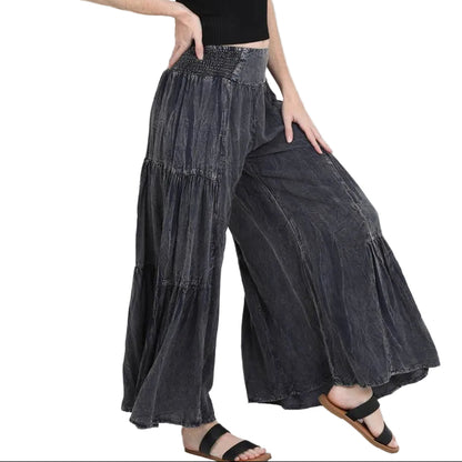 Tired-Side Stonewash Palazzo Pants