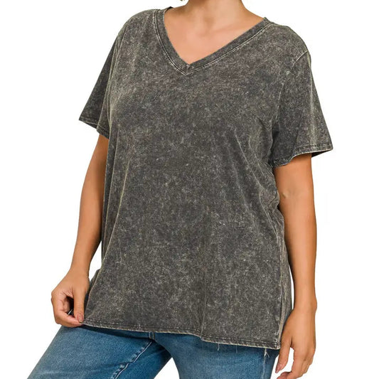 Plus Washed Short Sleeve V-Neck Top