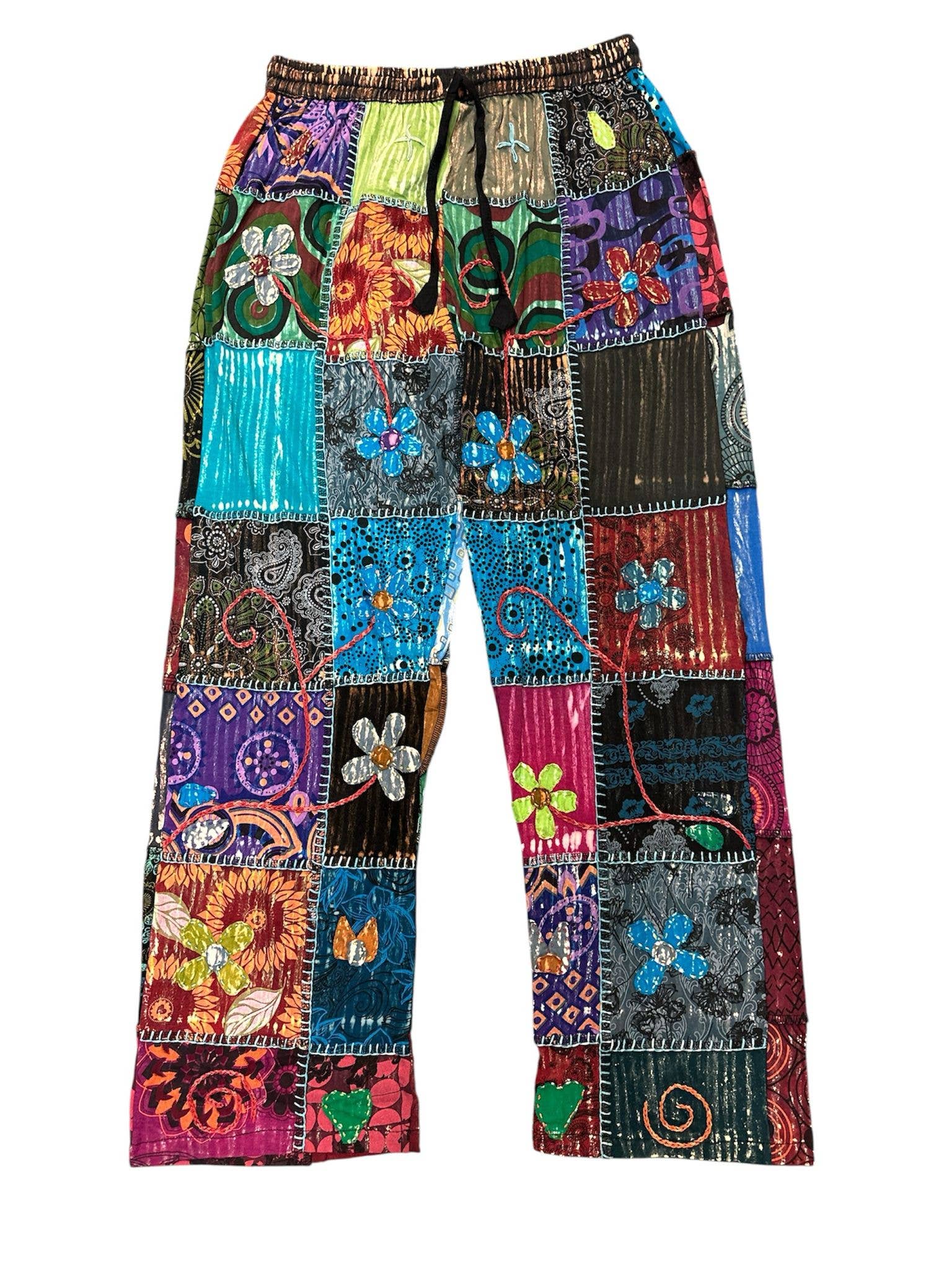 Blue and Purple Embroidery Floral Patchwork Pants