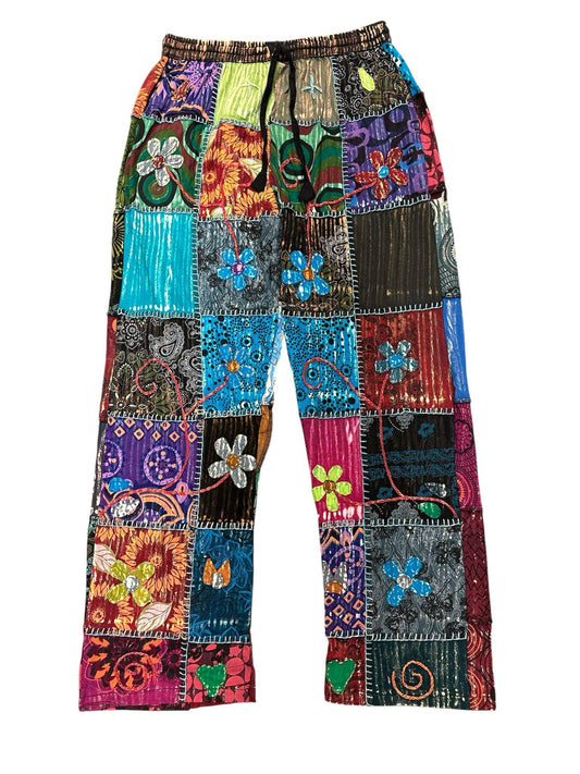 Blue and Purple Embroidery Floral Patchwork Pants