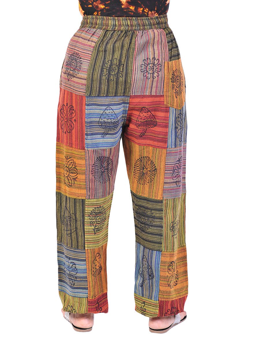 Cotton Square Patch and Hand Print Boho Genie Harem Pants