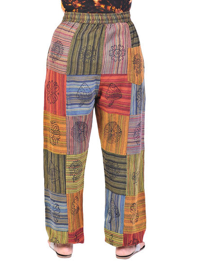 Cotton Square Patch and Hand Print Boho Genie Harem Pants