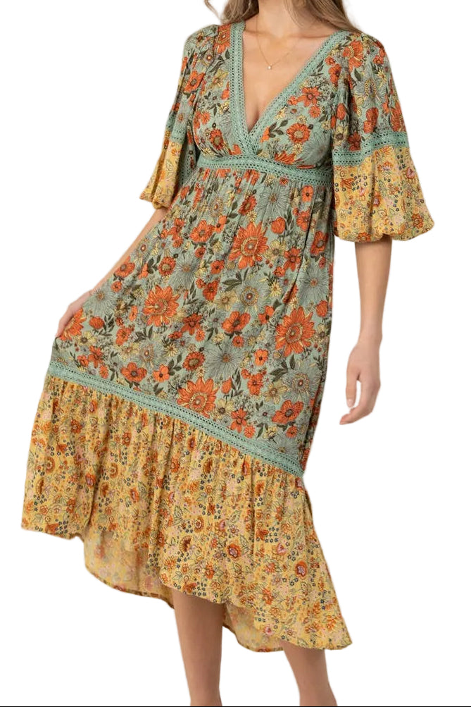 Floral Print Lace Trim Midi Dress