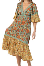 Floral Print Lace Trim Midi Dress