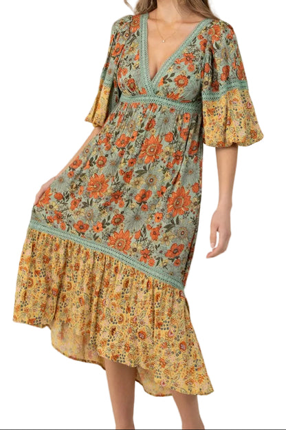 Floral Print Lace Trim Midi Dress
