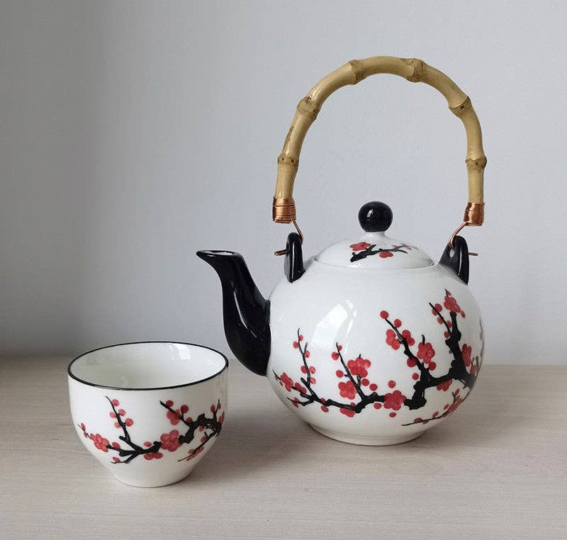 Cherry Blossoms Porcelain Tea Set – 30 oz Teapot with 4 Cups