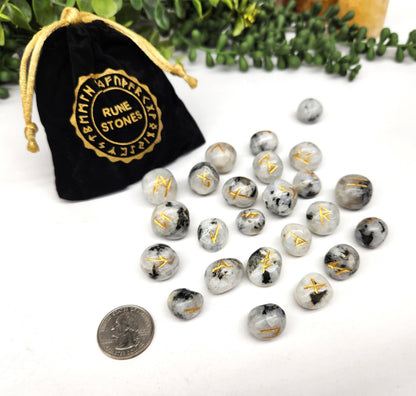 Rainbow Moonstone Rune Sets with Velvet Pouch and Grid
