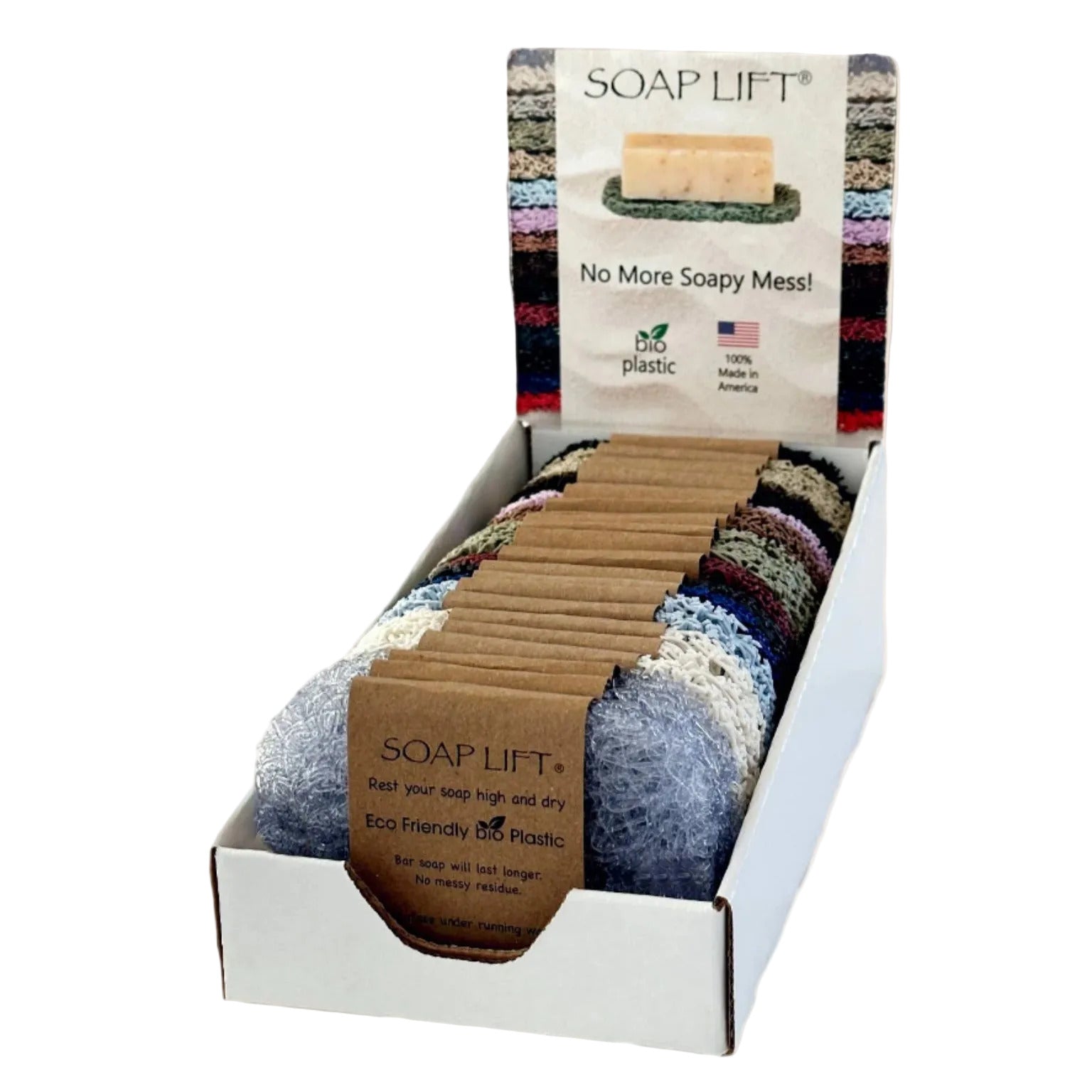 A display box containing multicolored soap lifts, with packaging that emphasizes the product's eco-friendliness and bioplastic material.