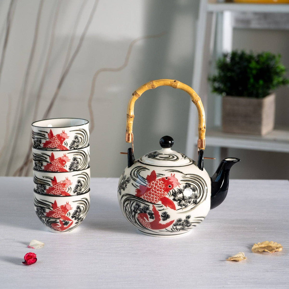 Koi Fish Porcelain Tea Set – 30 oz Teapot with 4 Cups